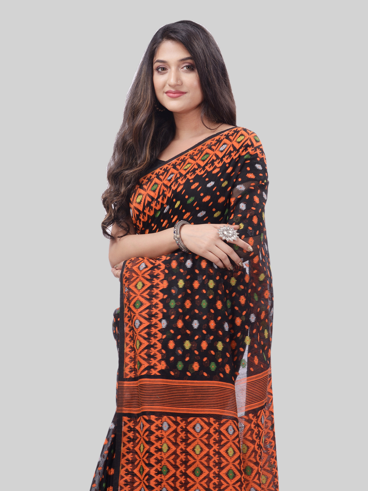 DESH BIDESH Women`s Hirokduti Resham Dhakai jamdani Bengal Pure Cotton Handloom Saree without Blouse Piece(Black Orange)
